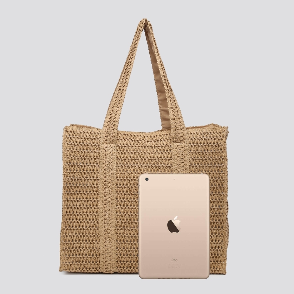 Large Straw Summer Bag - Camel - Image 4
