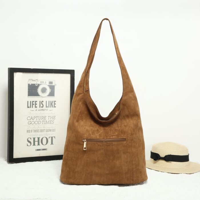 Vegan Suede Slouchy Bag - Caramel - Image 3